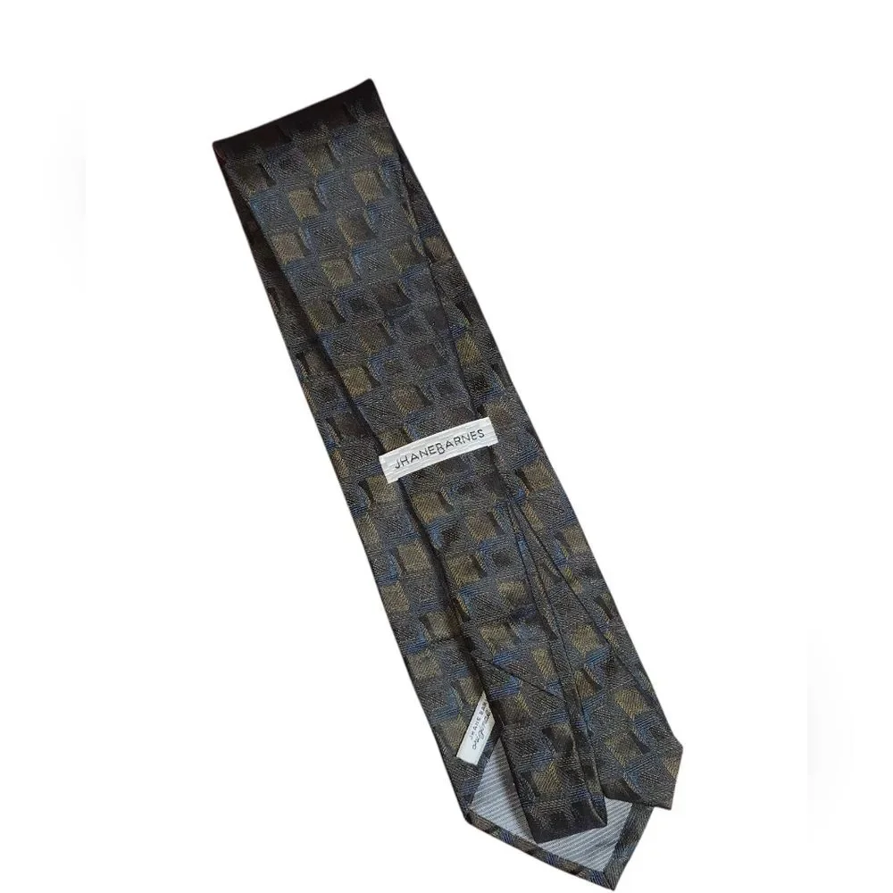 Jhane Barnes Brown & Blue Square‎ Print Original Fabric Necktie 58